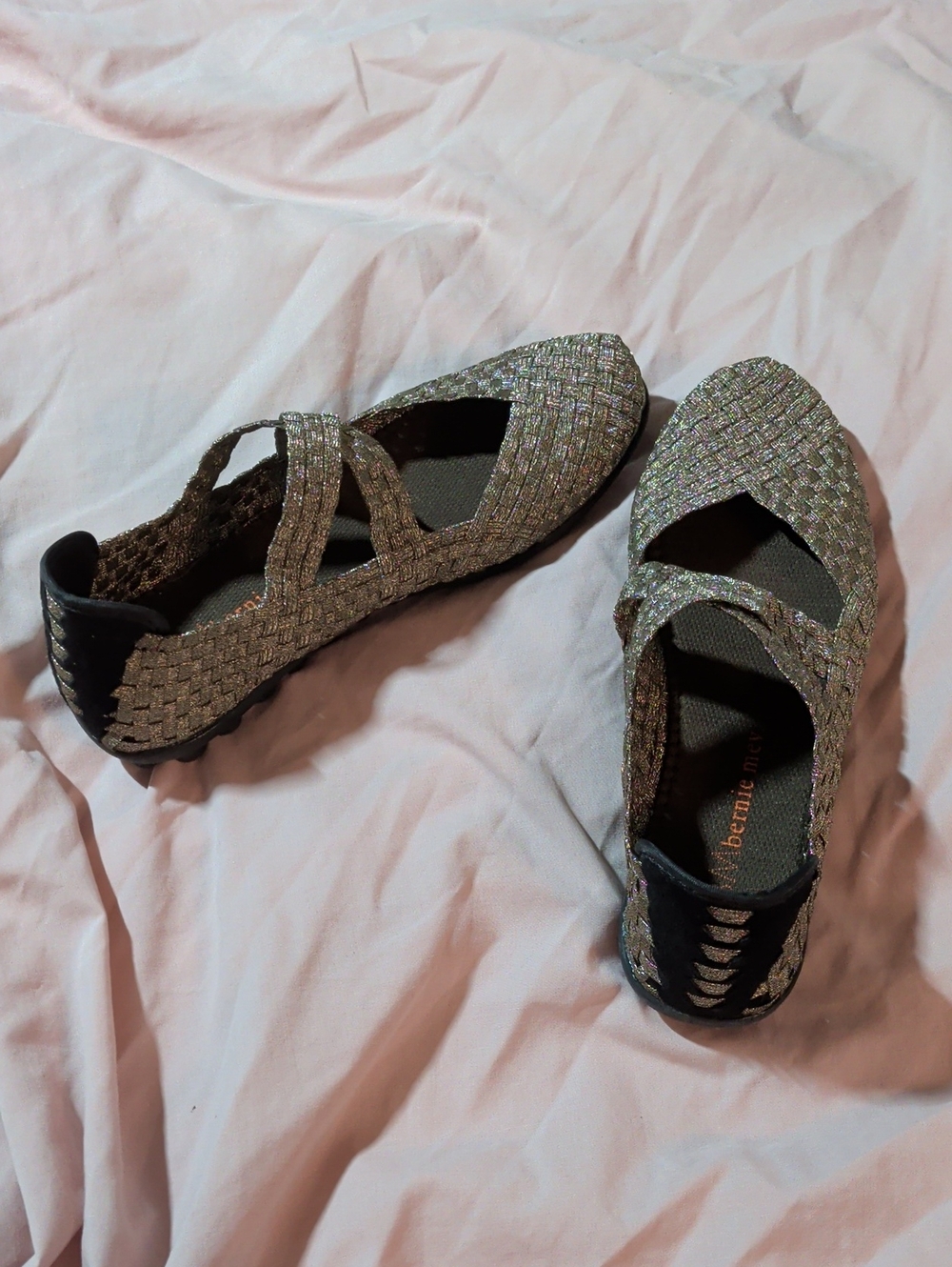 bernie mev. Metallic Woven Mary Jane Flats in Bronze